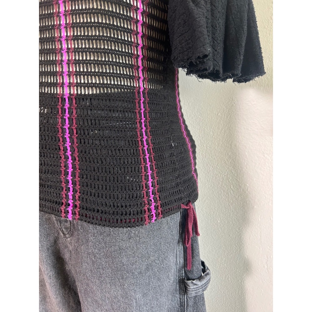 Free People Black Plaid Mesh Bell Sleeve Knit Top Size Small - Picture 5 of 7
